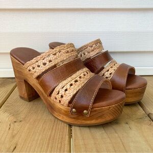 Bed Stu Crystal Wooden Platform Slide Chunky‎ Block Heel Sandals Brown 8.5